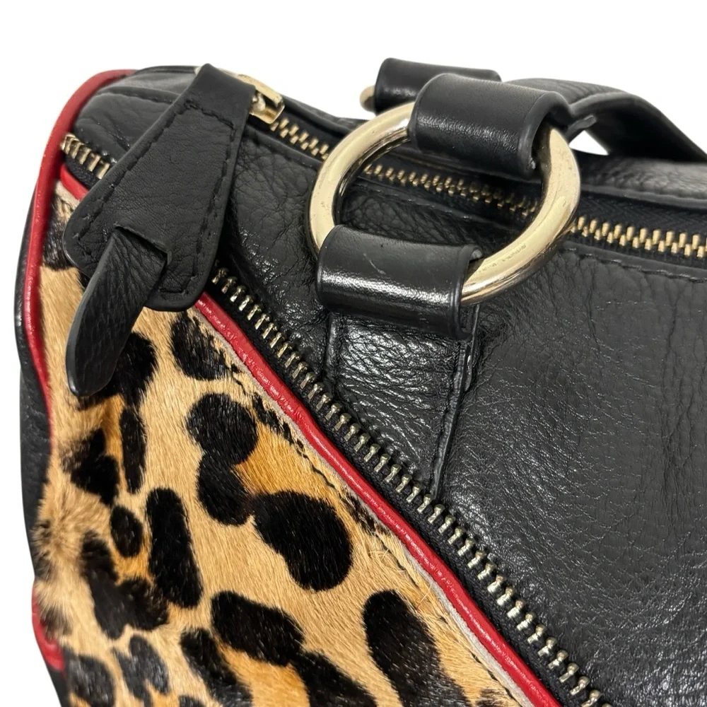 Aqua Madonna Leopard Calf Hair Large Leather Shoulder Bag Red Tassel Zip Satchel - Picture 3 of 15